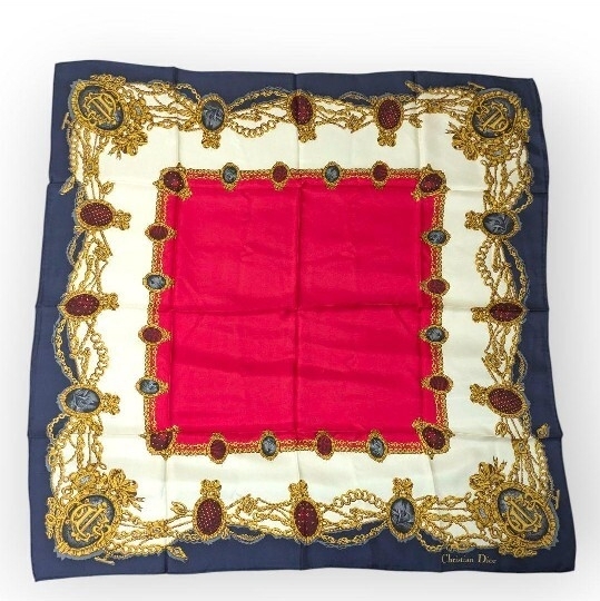 1円 Dior ディオール ゴールドジュエリー 大判 シルクスカーフ チェーン柄 ヴィンテージ 赤 白 Christian Dior ヘアアクセ バッグアレンジ拍卖
