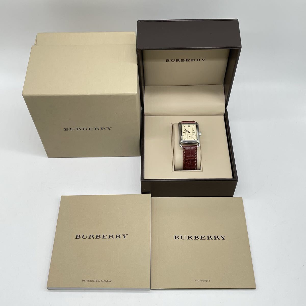 【10Y11】 1円スタート BURBERRY / 06327 BU1202 バーバリー クォーツ スクエア スモセコ メンズ レザーベルト アナログ 腕時計 箱付き拍卖