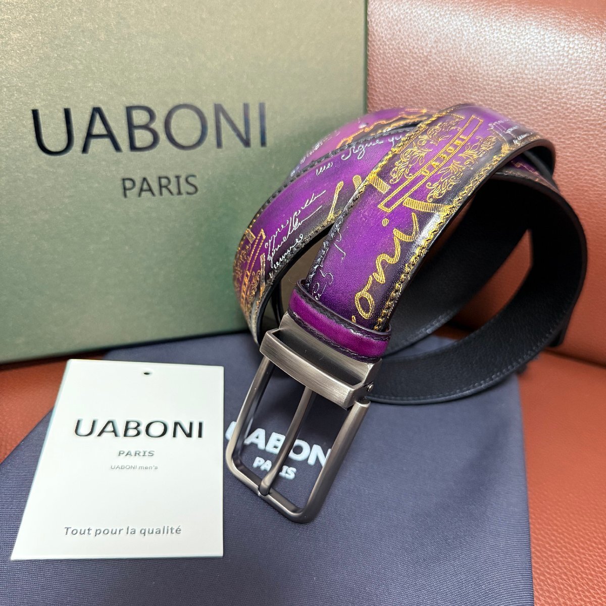 貴重品 EU製 定価9万◆UABONI*ユアボニ*幻のパティーヌ*ベルト◆本革 カーフスキン 手染 ゴールデン 調節可能 ビジネス 紳士 ベルルッティ拍卖