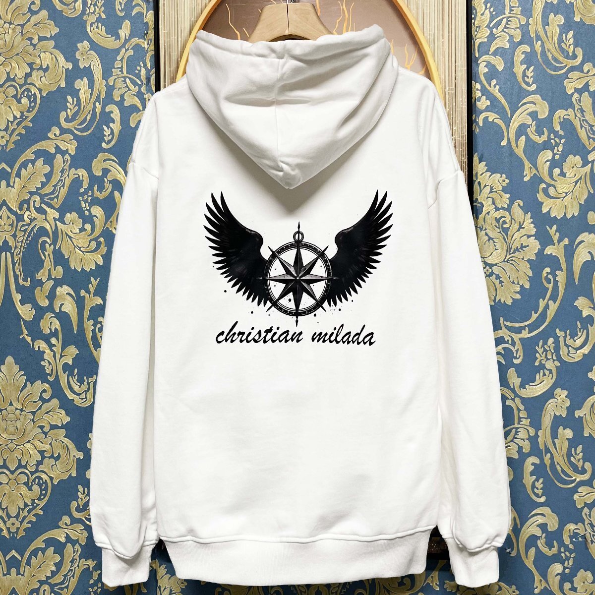 定価4万★christian milada・ミラノ発・パーカー★コットン100% ソフト 翼柄 カッコイイ ストリート スウェット トレーナー 春秋 L/48拍卖