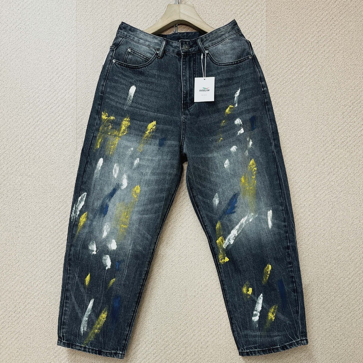 高級ヨーロッパ製※定価4万◆ブルガリア発※RISELIN ロングパンツ 柔らか 薄手 色落ち ヴィンテージ ペイント デニムパンツ ストリート XL拍卖