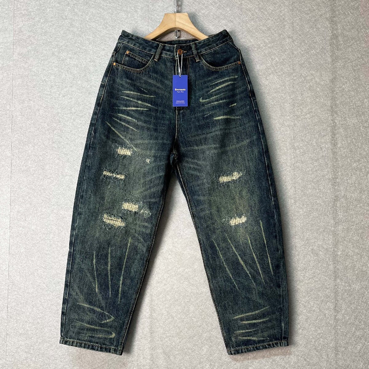 個性・デニムパンツ 定価4万◆Emmauela・イタリア・ミラノ発◆コットン混 ダメージ加工 ゆったり オールシーズン ロングパンツ サイズ31拍卖