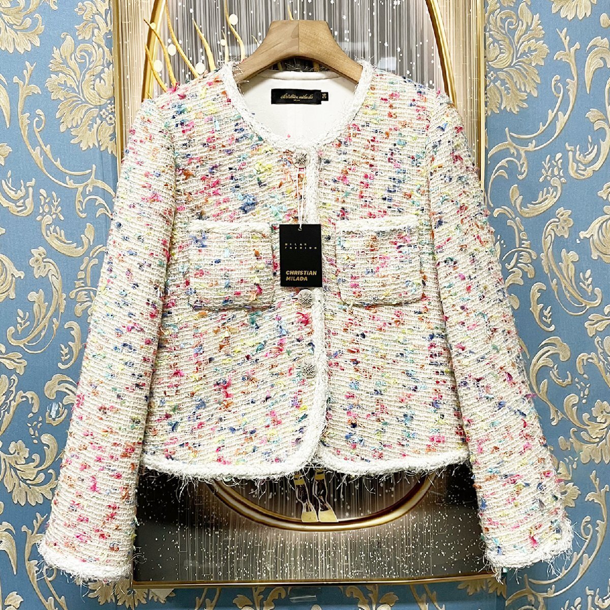 定価6万★christian milada・ミラノ発・カーディガン★上質ウール混 ソフト カラフル 着痩せ ジャケット ショートコート OL 日常 S/34拍卖