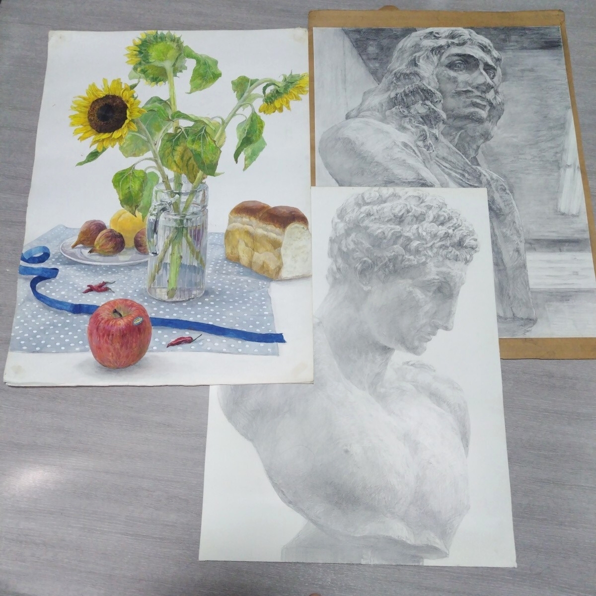 3点まとめて◆東京芸術大学 日本画 合格者 真作 参考作品◆静物着彩 石膏デッサン 絵画 水彩画 静物画 素描 参作 透明水彩 入試拍卖
