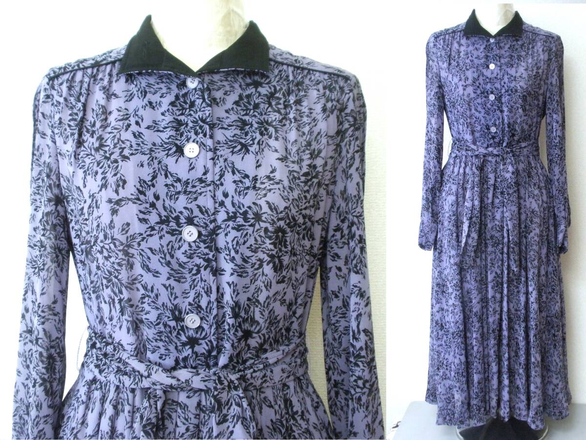 レトロ 古着 パープル 柄 ロング ワンピース 小さめ S★昭和 ヴィンテージ vintage クラシカル モード 小さい拍卖