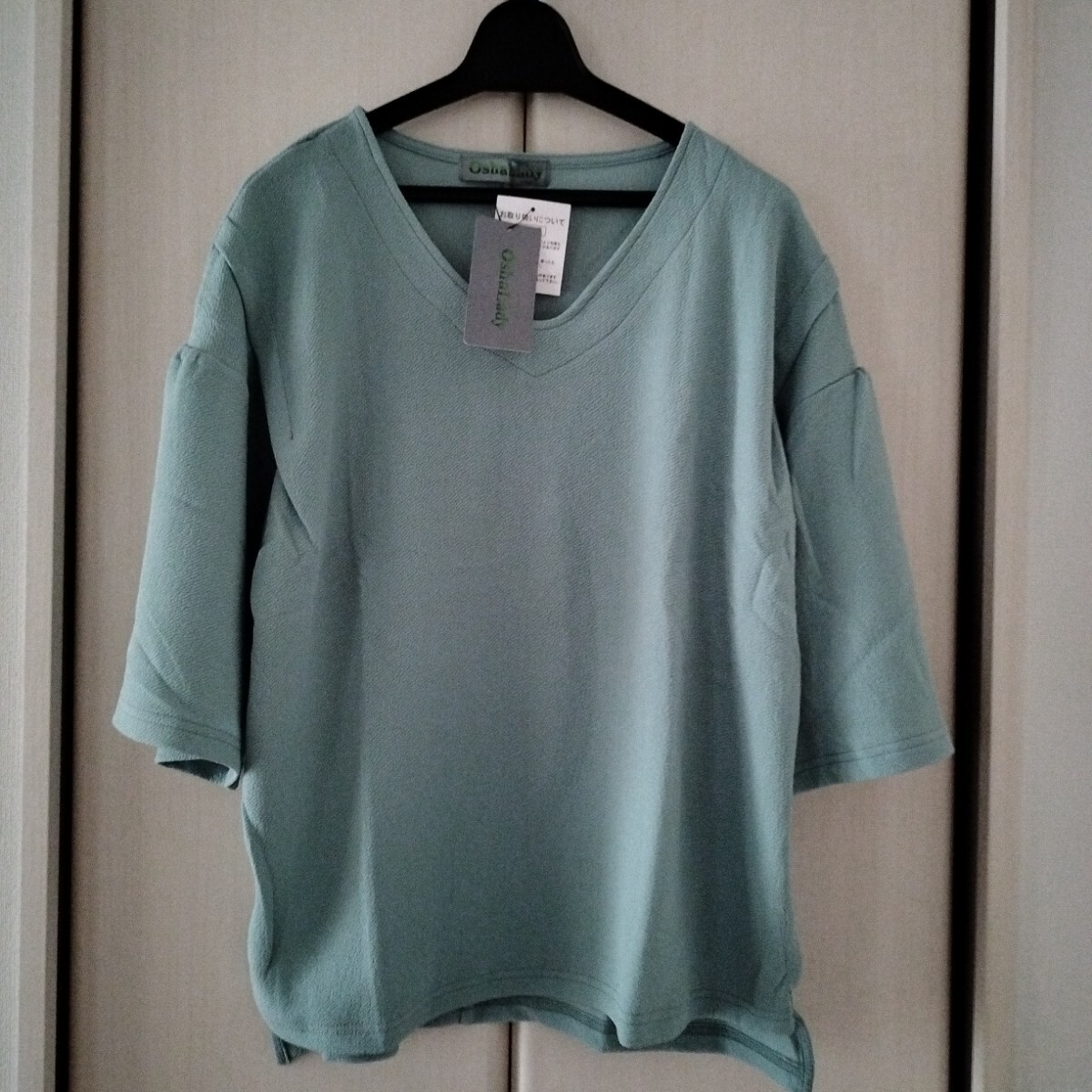 【M~Lサイズ】新品タグ付き OshaLady Vネック 半袖カットソー 関西ファッション連合 レディース トップス ミセス 12280 グリーン系 緑拍卖