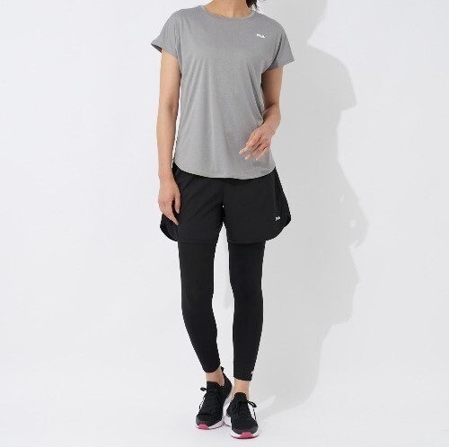 【Mサイズ】グレー×黒 新品 FILA 半袖Tシャツ レギンス ショートパンツ3点セット ヨガ スポーツウエア フィットネス 水陸両用 送料無料拍卖