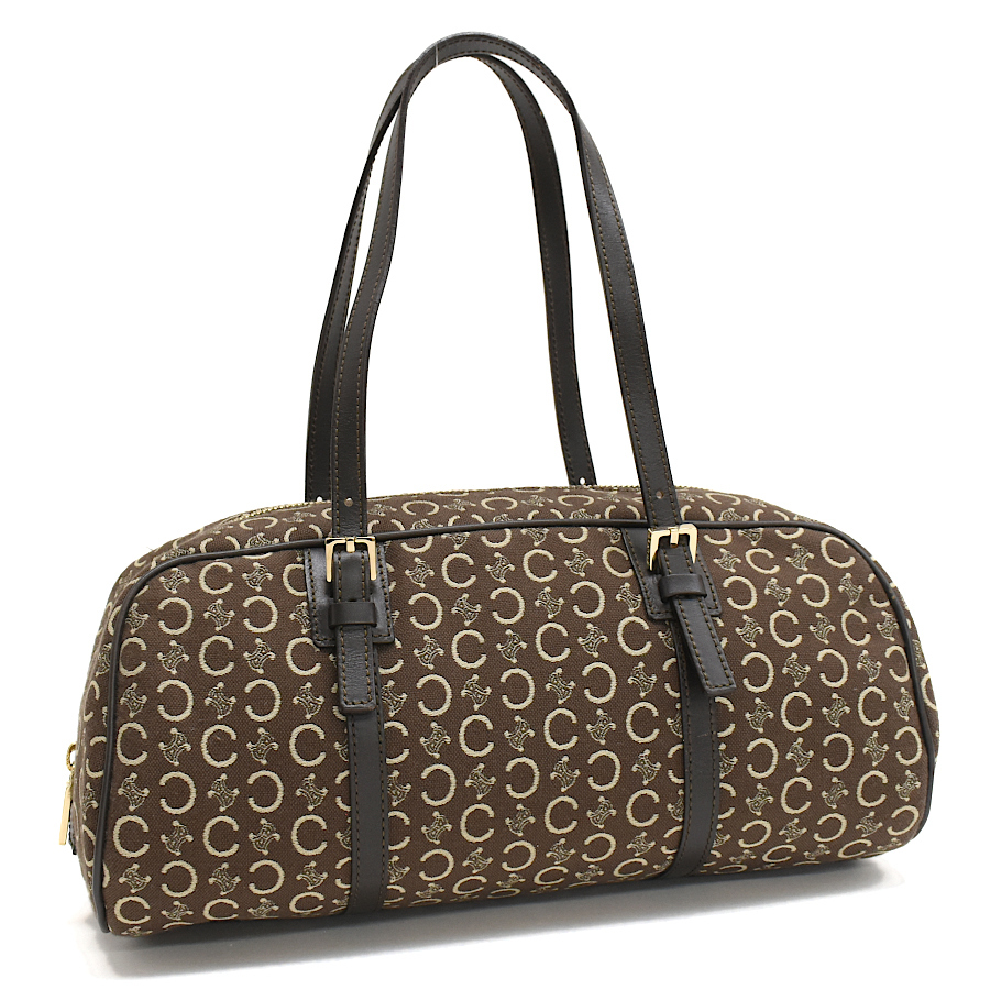 セリーヌ ハンドバッグ Cマカダム ジャガード キャンバス レザー ブラウン ゴールド金具 CELINE拍卖