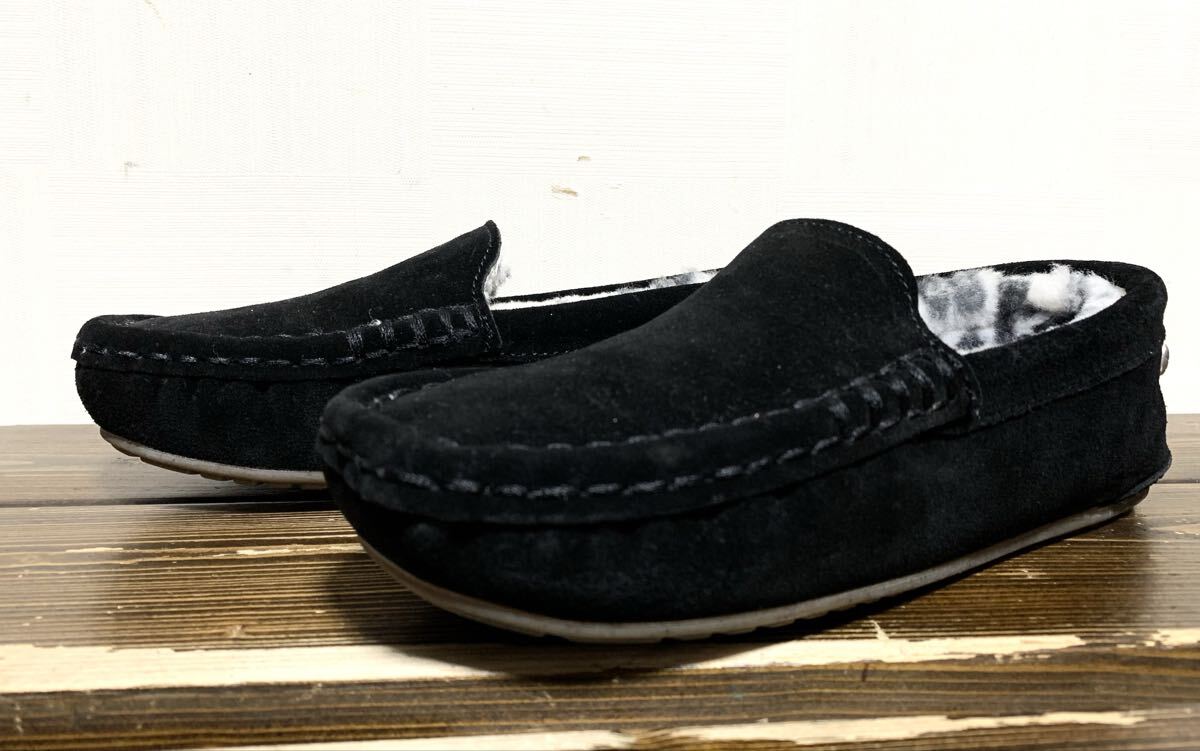未使用:emu(エミュー).リアル ムートン レザー スリッポン シューズ 26(レディース/黒/表面 牛革/内側 羊毛革/ローファー/ugg type)拍卖