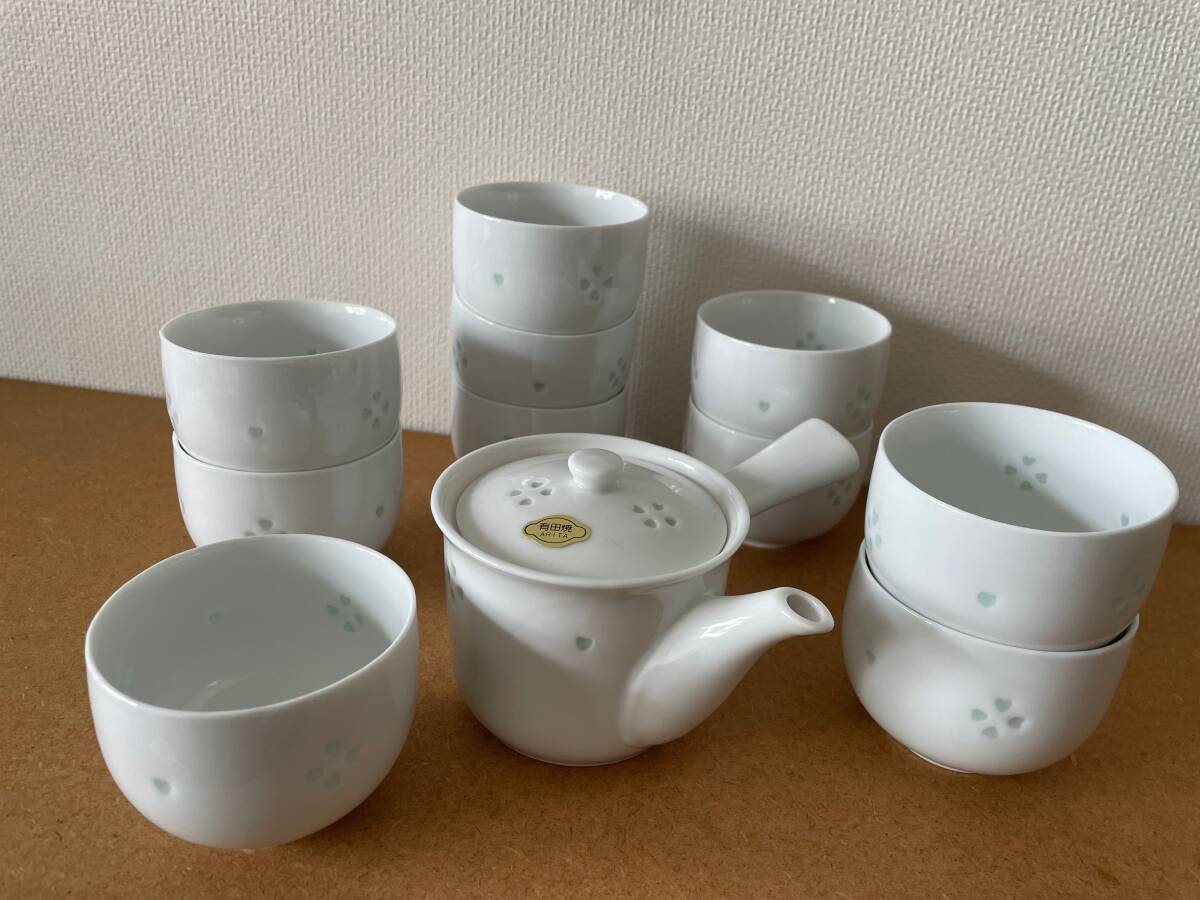 *有田焼 菊峰窯 ホタル透かし 急須 湯呑み 10客セット/和食器 陶磁器 茶器 陶器 骨董 雑貨 レトロ 箱付き japanese vintage拍卖