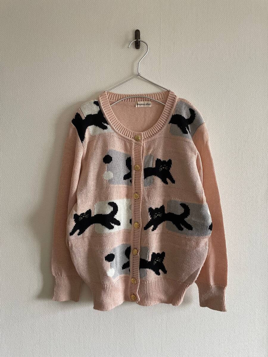 *vintage ネコ柄カーディガン セーター/麻混 日本製 レトロ古着 80's 90's拍卖
