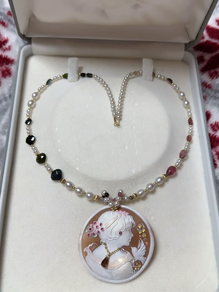 K18金天然石トルマリン&パール&シェルカメオコンビデザインネックレス 46cm拍卖