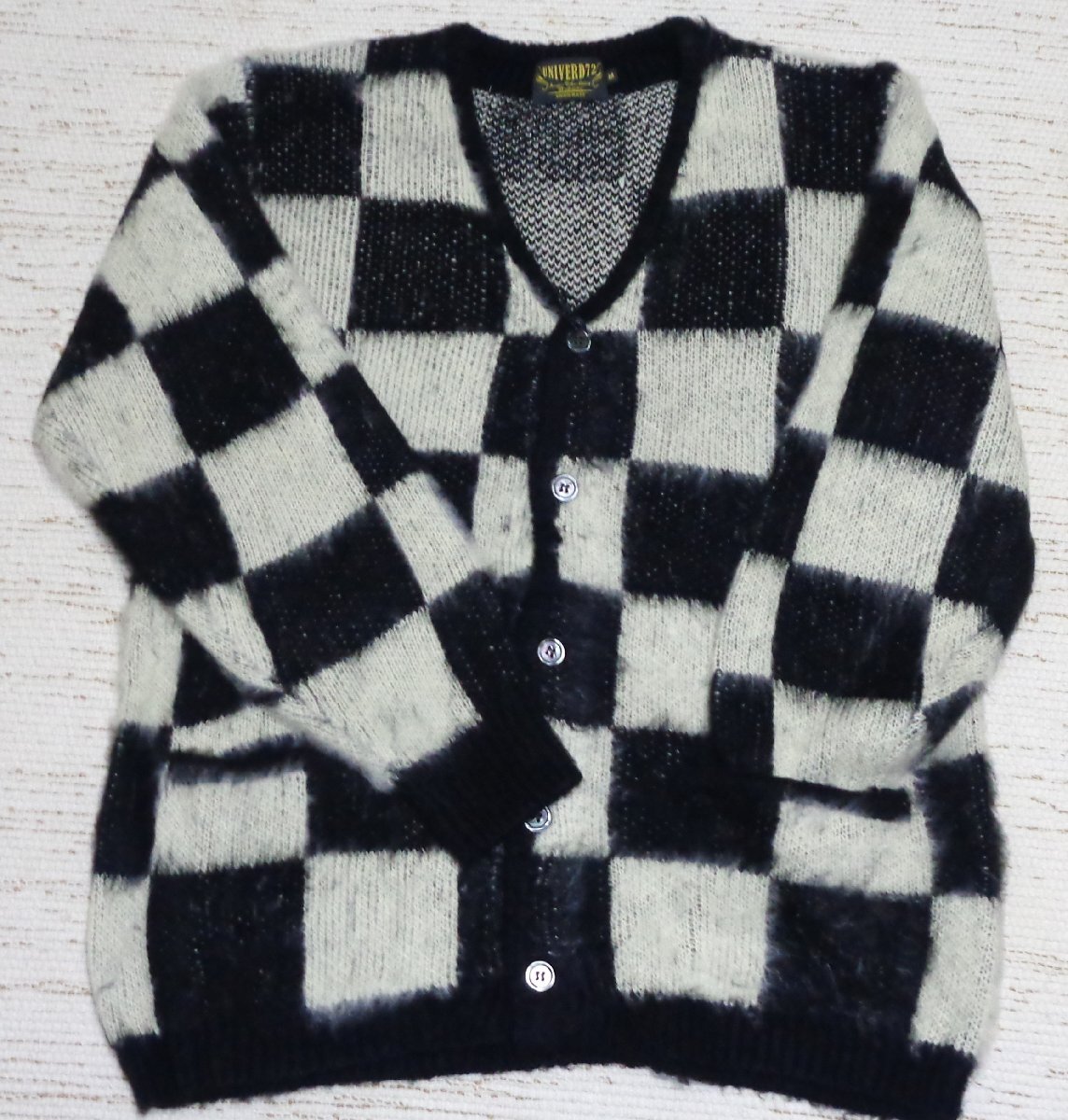 送料無料 UNIVERD72 ユニバード72 モヘアタッチ 起毛 チェッカーフラッグ柄 カーディガン ニット 黒白 XL 22330 HOUSTON メンズ 人気拍卖