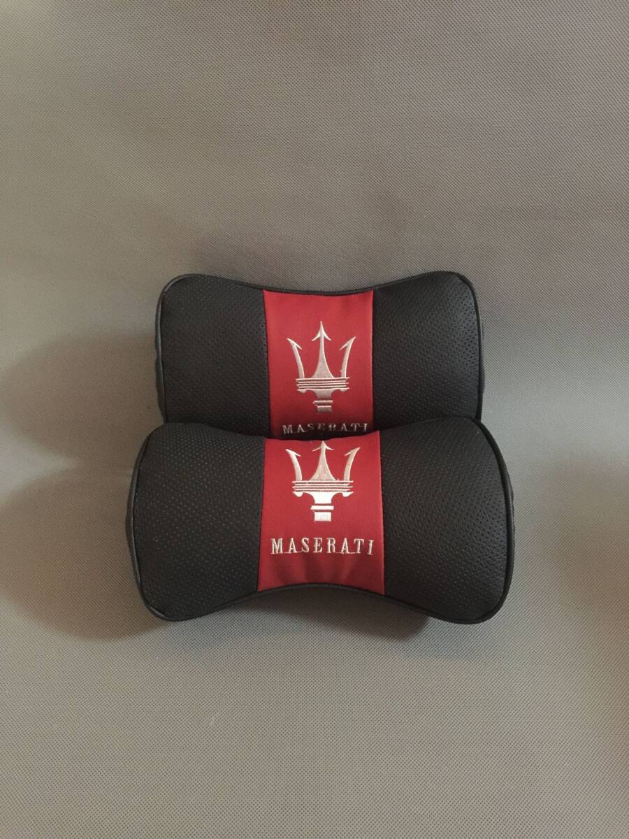 新品 マセラティ MASERATI ネックパッド ヘッドレスト 首枕 車載 2個セット 本革レザー ブラックxレッド カーアクセサリ 刺繍拍卖
