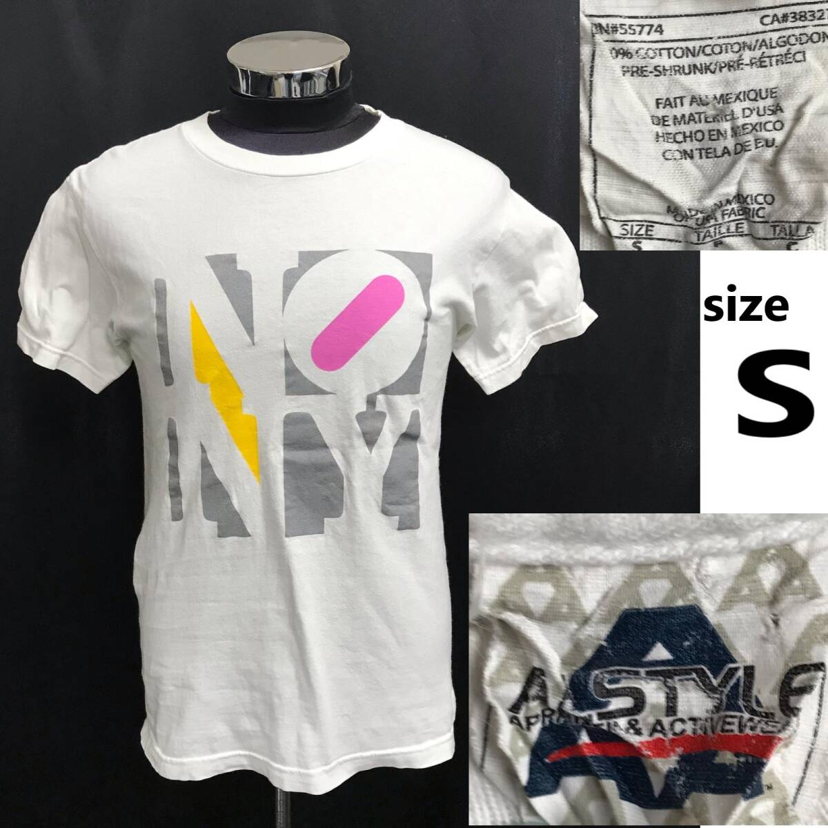 90s-00s★ALSTYLE【アルスタイル】レア柄/NO NY/半袖Tシャツ【size:S/白/white/コットン メンズ】アメカジ/Tops◆BJ105-f拍卖
