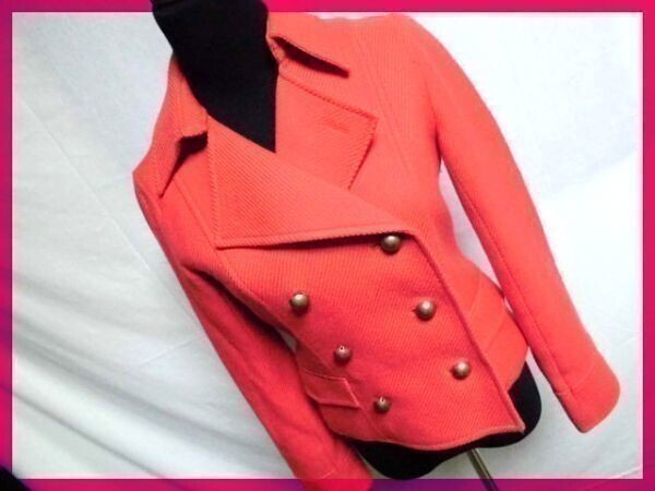 美品★ナチュラルビューティー◆ウールピーコート★レディースS◆オレンジ/レッド F3拍卖