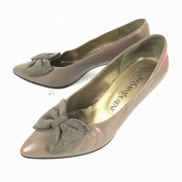 YVES SAINT LAURENT★YSL/ピンヒール/パンプス/ハイヒール/靴【36/22.5/茶系】刺繍/リボン付き/イブサンローラン◆Q-2拍卖