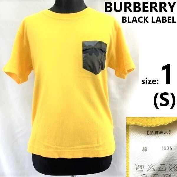 三陽商会製★バーバリーブラックレーベル★胸ポケットデザイン/半袖Tシャツ【サイズ1/メンズS/黄色/yellow】袖ロゴ刺繍/tops◆TBA616拍卖