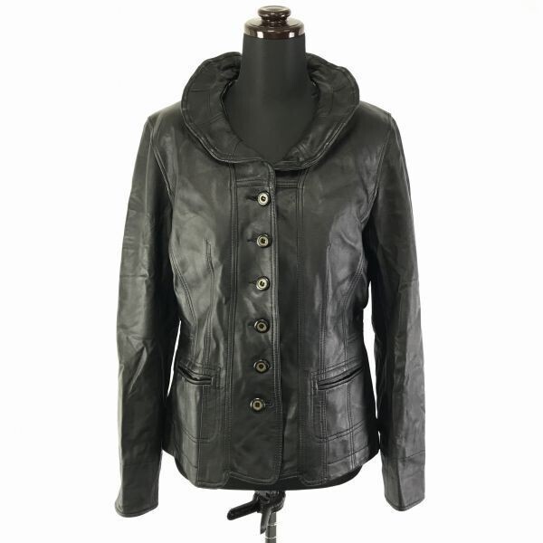 BELLUCCI/ベルッチ★スペイン製ラムスキン/レザージャケット【レディースM/黒】羊革/ラッフルカラー/本革/アウター/コート◆TBC909拍卖