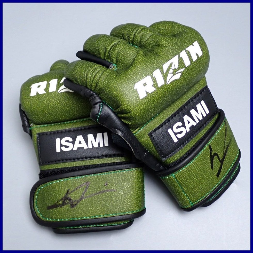 ☆1円 ISAMI RIZIN FIGHTING WGP2017 マネル・ケイプ サイン入り 実使用 オープンフィンガー グローブ S/グリーン/格闘技&1976900031拍卖