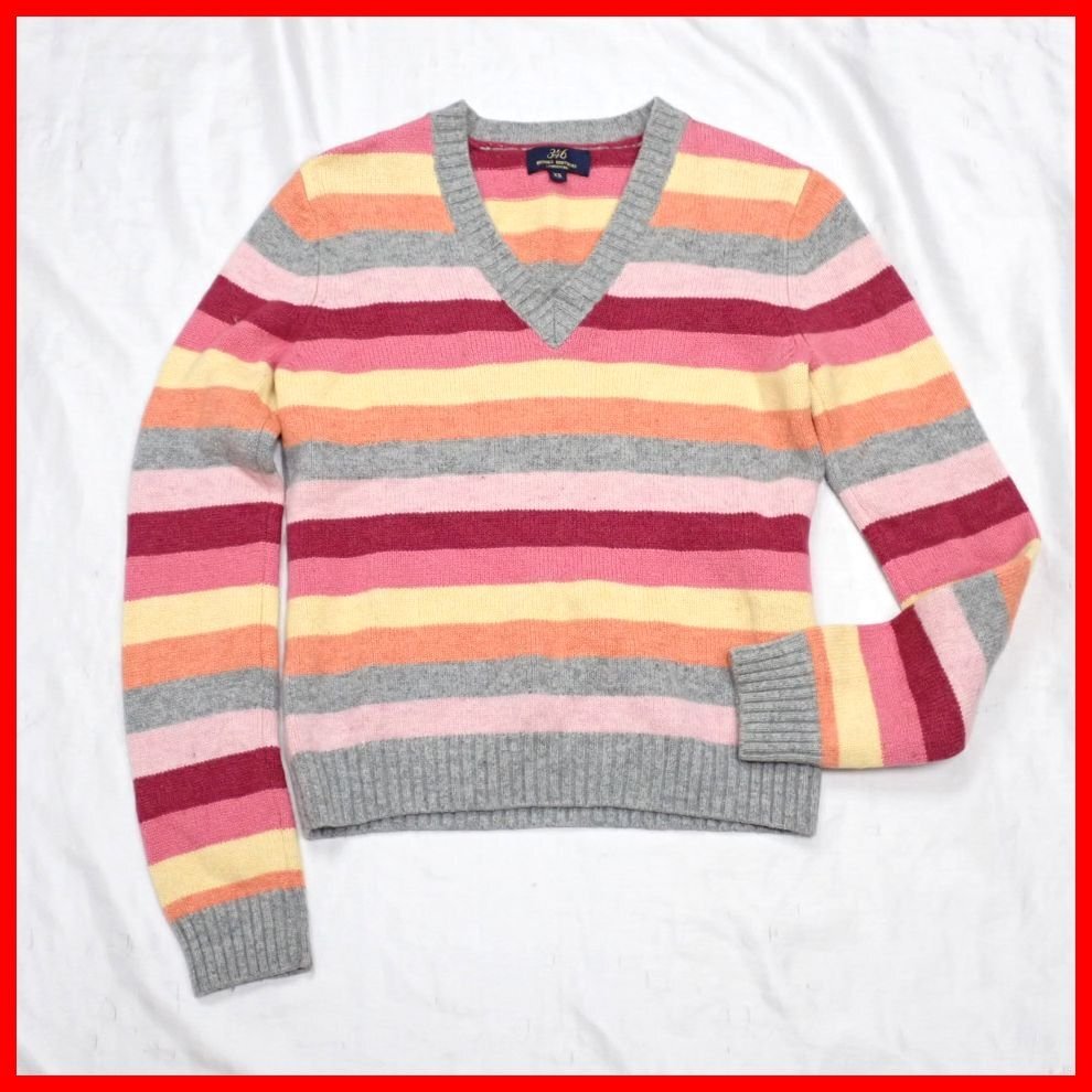 ★346ブルックスブラザーズ Vネック ニットセーター メンズXS/暖色系マルチカラー/ボーダー/ウール100%&2032300330拍卖