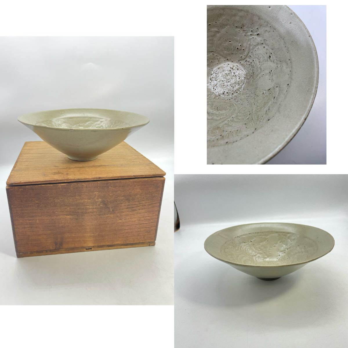 宋時代 青白磁 彫刻牡丹文 陶磁器 時代物 茶碗 骨董品 高麗 茶器 唐物 茶道具 美術品 韓国拍卖