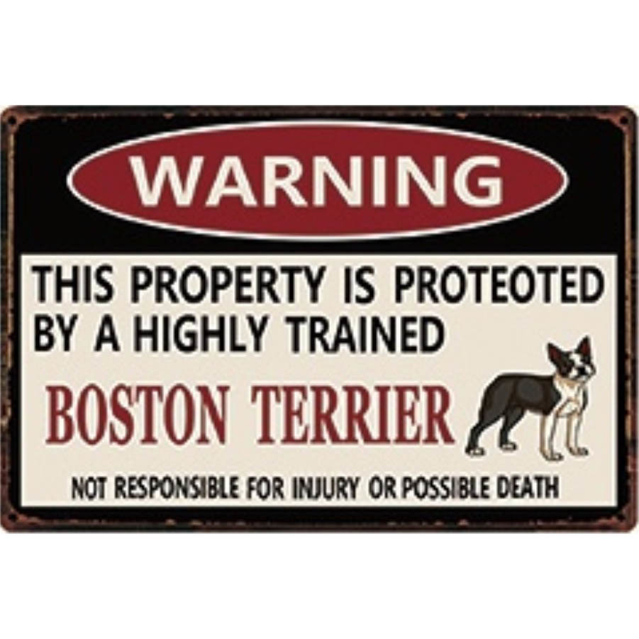 A2820 メタル サイン ブリキ 看板 金属 製 プレート 注意 警告 危険 防犯 動物 ペット 犬 番犬 猛犬 ボストンテリア【4631拍卖