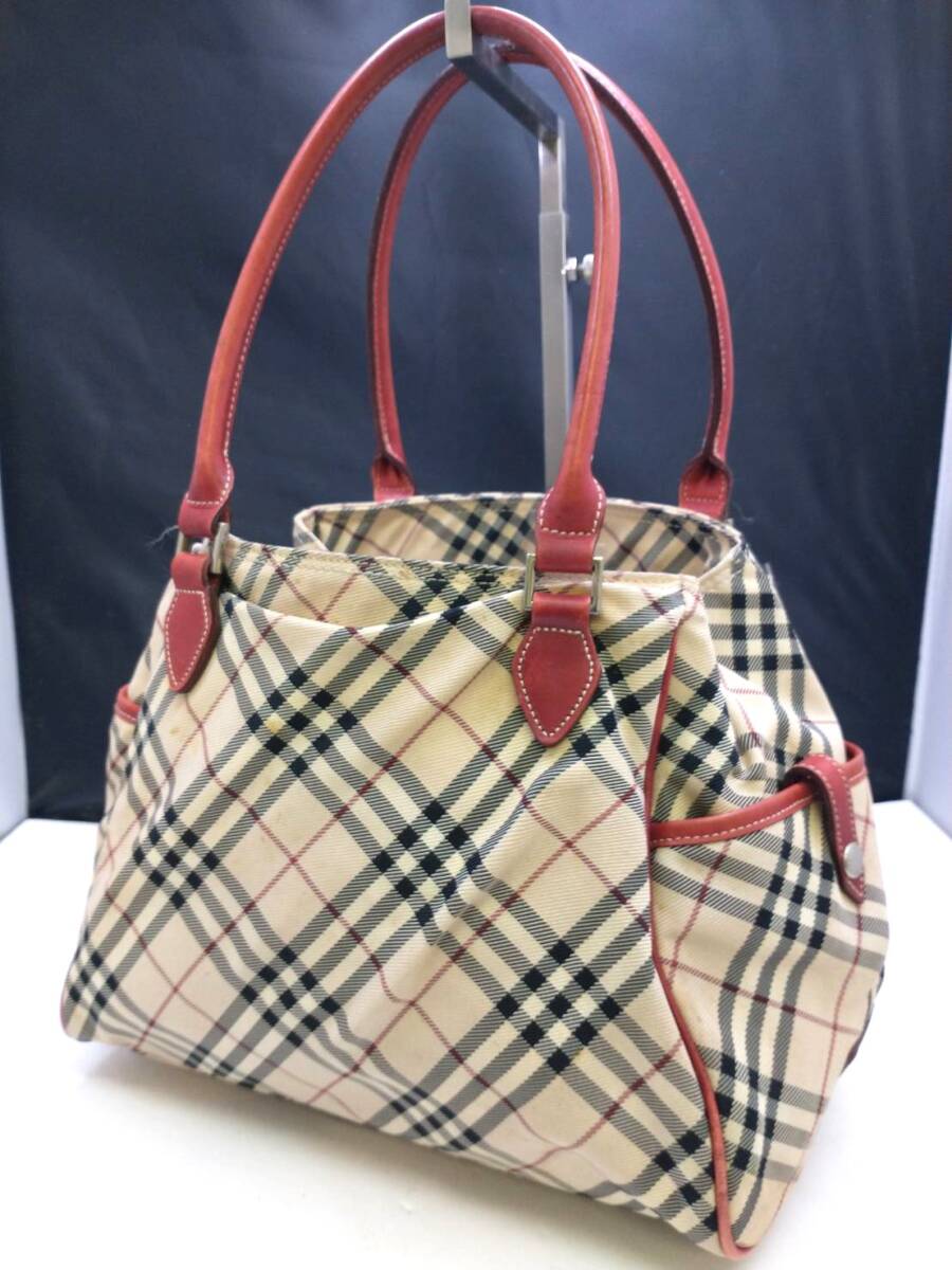 BURBERRY BLUE LABEL■バーバリー ブルーレーベル ZA466-510 ノバチェック ハンド バッグ トート ナイロン 牛革 ベージュ レッド■中古品拍卖