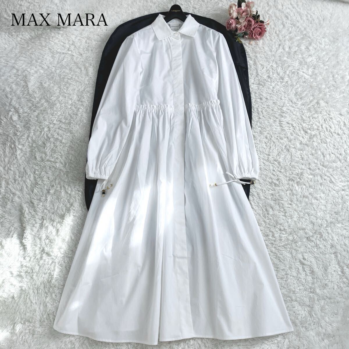 近年白タグ MAX MARA マックスマーラ 最高級 ワンピース シャツ マキシ フレア Aライン ゆったり ビジュー ホワイト コットン 綿 白 L拍卖