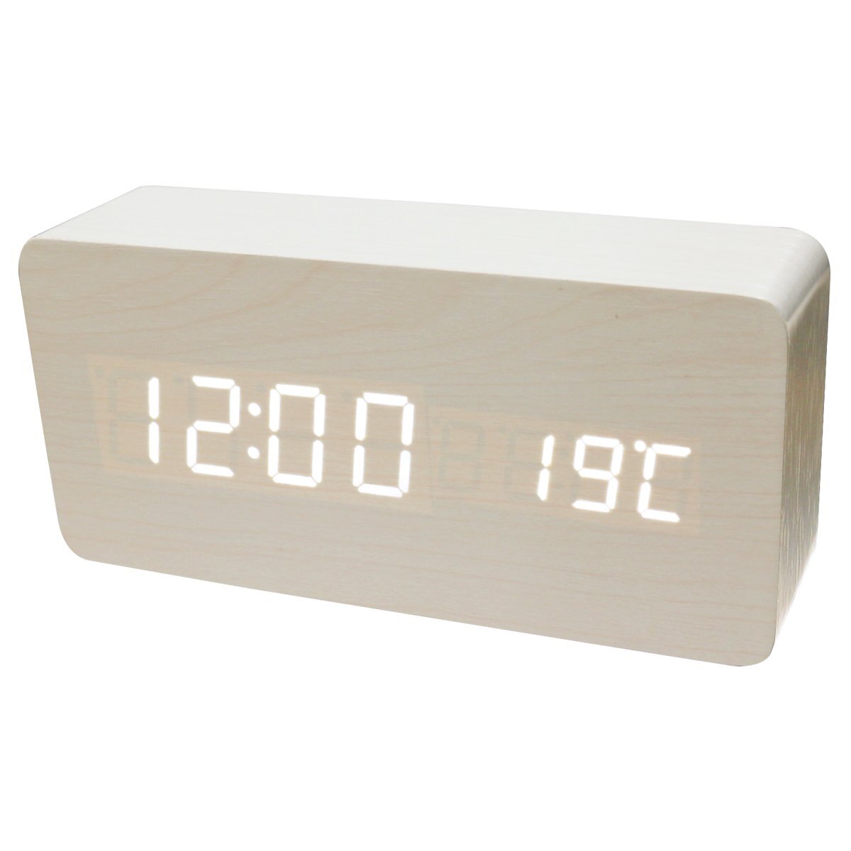 【送料無料】 USB電源 単4電池対応 デジタル アラーム LED 置時計 目覚まし時計 多機能 温度計 音声感知 インテリア 木目調 白木目拍卖