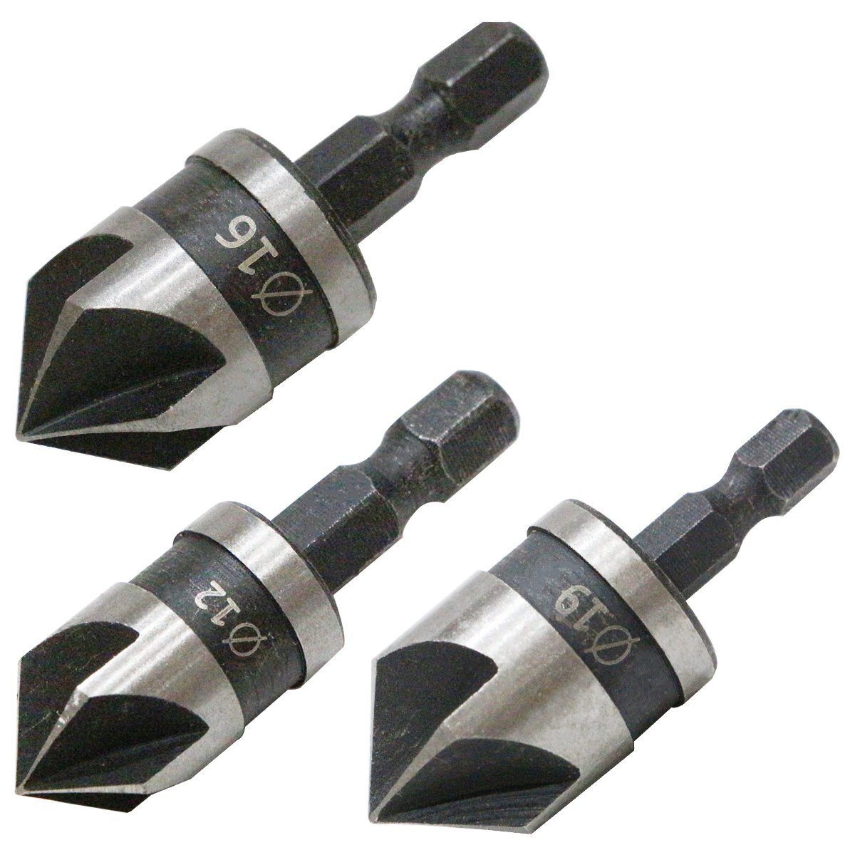 炭素鋼製 面取りカッター 3本セット 12mm/16mm/19mm 金属 アルミ プラスチック 加工 面取り工具 電動工具 ハンドメイド DIY 六角軸拍卖