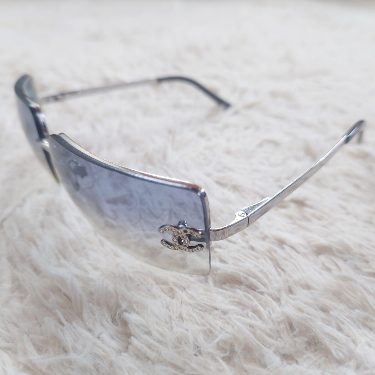 1円〜 美品 CHANEL シャネル 4092-B サングラス メガネ ココマーク ラインストーン ハーフリム シルバー 銀 c.124/7B カラーレンズ 超人気拍卖