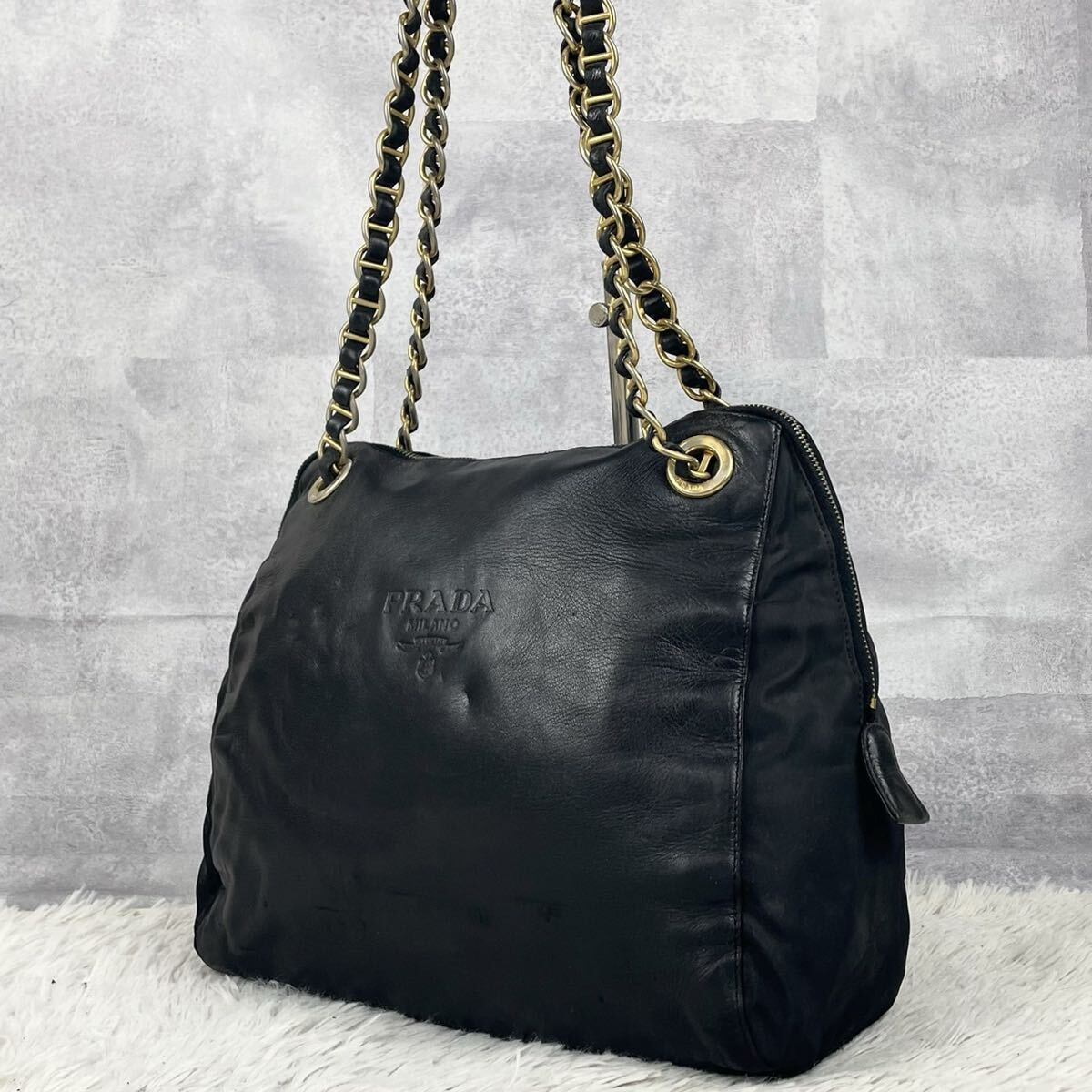 美品 PRADA プラダ トートバッグ ハンド ビジネスバッグ 肩掛け 通勤 書類 多収納 メンズ ステッチ レザー ナイロン ロゴ型押し チェーン 拍卖