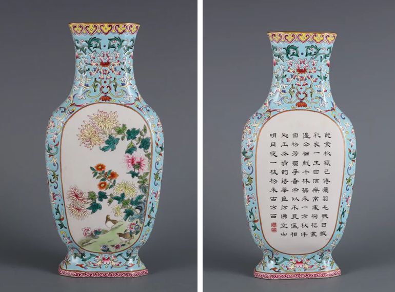 ●乾隆年製款 粉彩 花鳥 題詩文 花瓶 陶磁器 骨董品 中国美術●拍卖