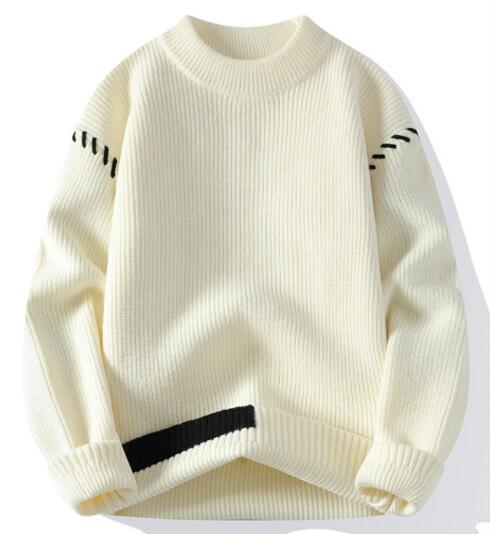 お色選択可 2XL 新品ウール混 クルーネック ニットセーター メンズ 秋冬 リブ編み 配色 厚手 暖かい 長袖 プルオーバー トップス/白拍卖