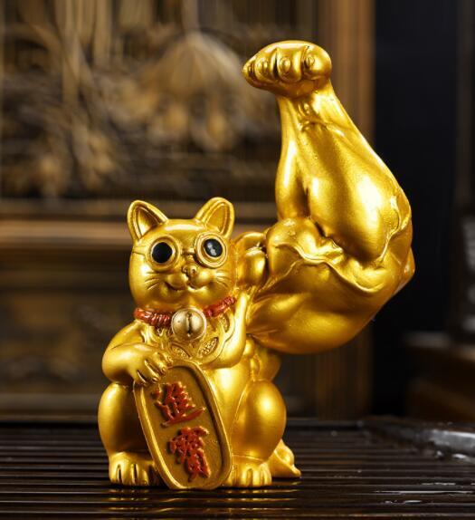 新品人気推薦招き猫 風水のための 幸運な猫の色を変える 黄金の筋肉 ティーペット 巨大な武器 彼の健康のために拍卖