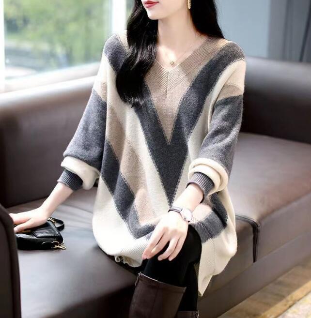 新作秋冬新作 オシャレ Vネック ボーダー柄 ニットセーター ミンクカシミヤ混 柔らかい 暖かい 長袖 ニットトップス ワンピー拍卖