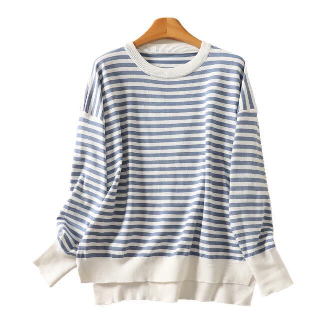 上質新品☆ニットセーター 文芸復古 レディース カットソー 長袖 ストライプ柄 ボーダー ニットウェア トップス ブルー拍卖