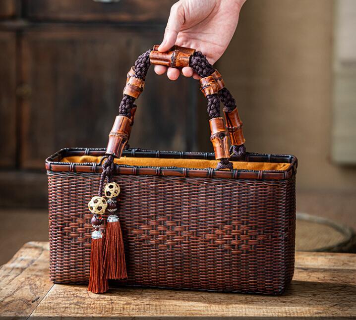 人気高品質 バスケット 収納かご おしゃれ竹籠 編み 取っ手 持ち手 手作りトートバスケット 自然の良品 花火着物かご拍卖