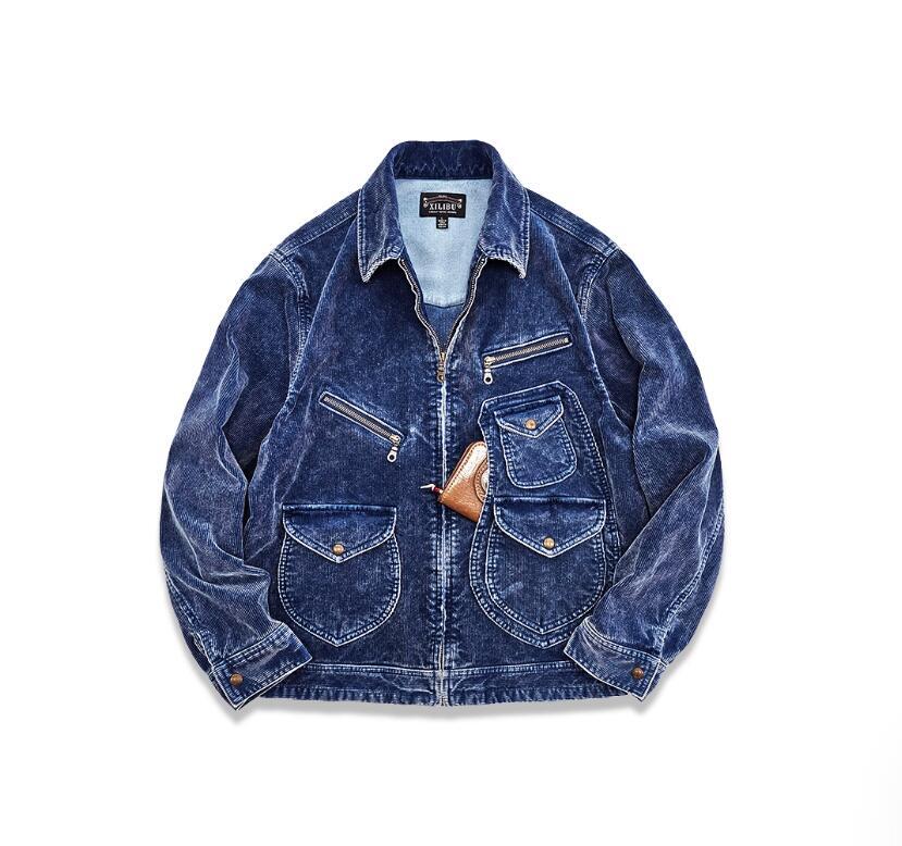 上質 アメリカン スタイル 藍染 インディゴ ブリーチ バイカーズ コーデュロイ ジャケット メンズ デニム 大きいサイズ拍卖