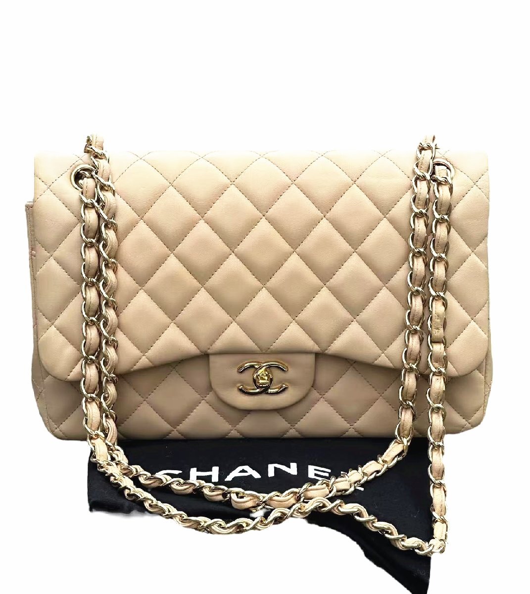 超美品◆本物シャネルCHANELマトラッセG金具ゴールドMaxiデカマトラッセココマークCOCO★Wチェーン2重ショルダーバッグラムスキンベージュ拍卖