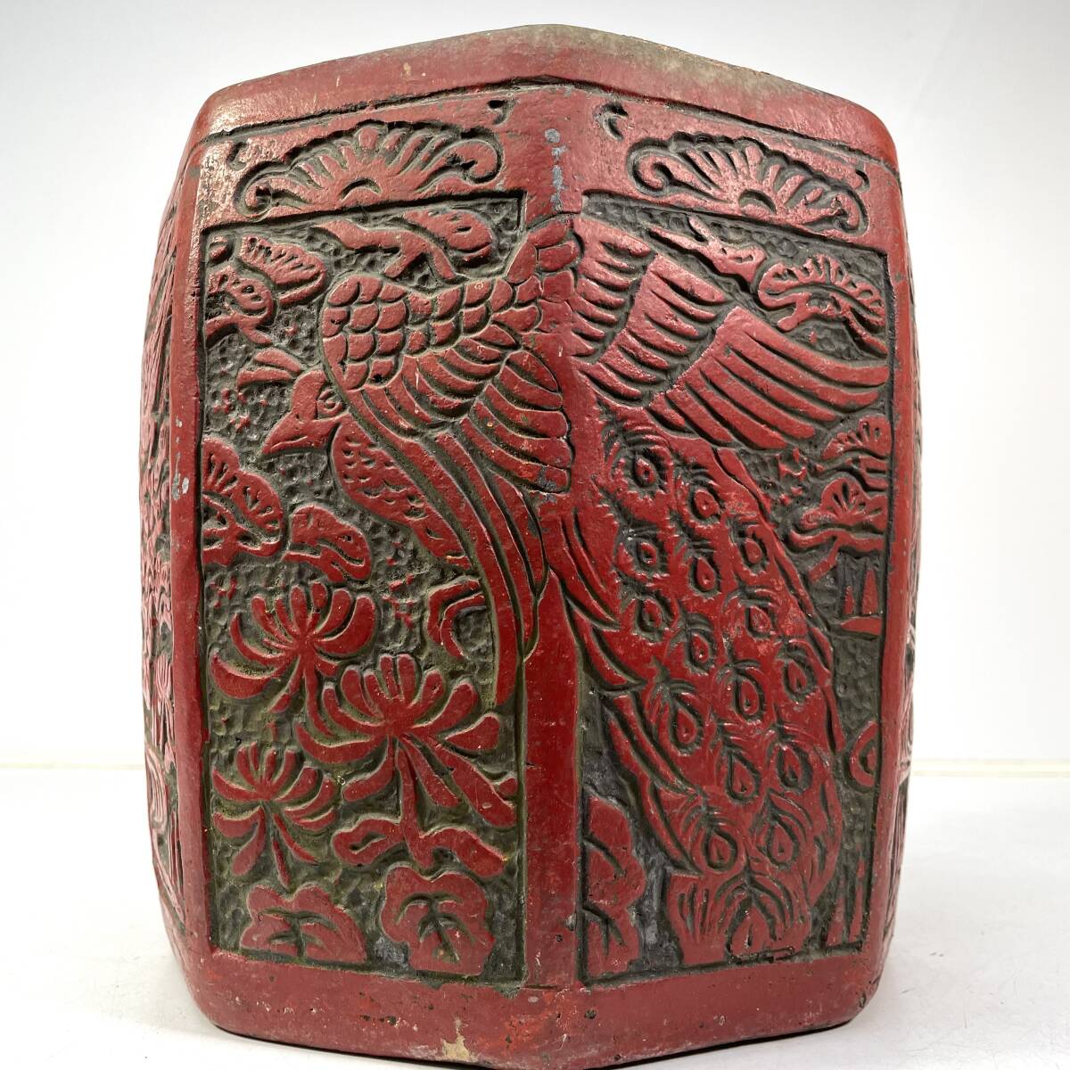 火鉢 小ぶり 手焙り火鉢 朱 赤 鳥花紋 /高さ25cm 幅26cm/古道具 昭和レトロ 古い 陶器 睡蓮鉢 金魚鉢 時代物拍卖