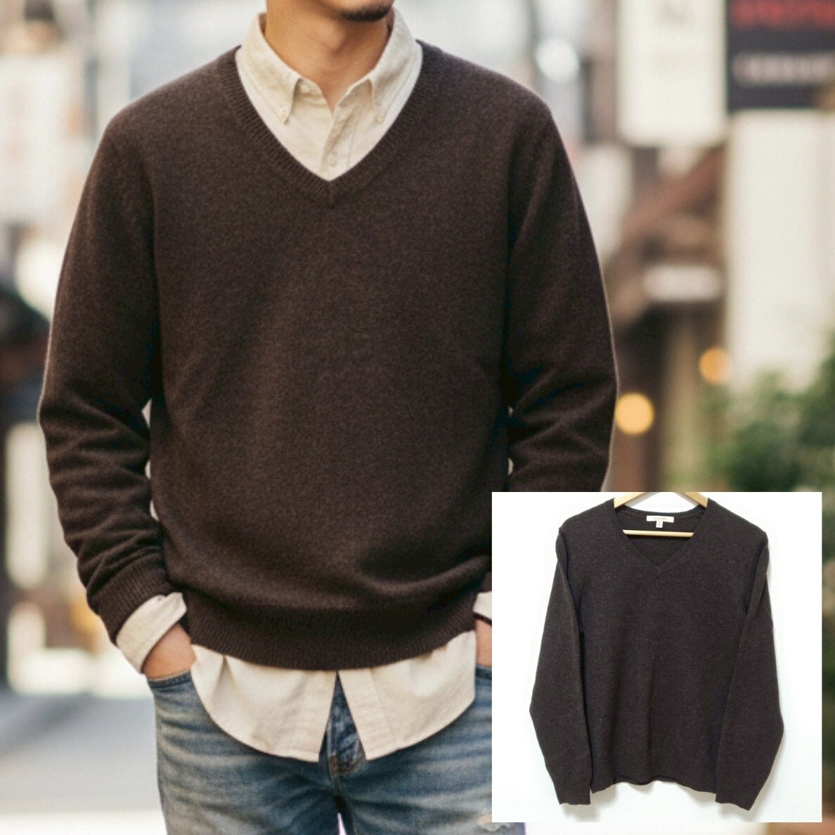あたたか素材◎【UNIQLO】ユニクロ LAMBS WOOL ニット セーター ウール100% Vネック 長袖 トップス ブラウン メンズ サイズ M /Y37005ja拍卖