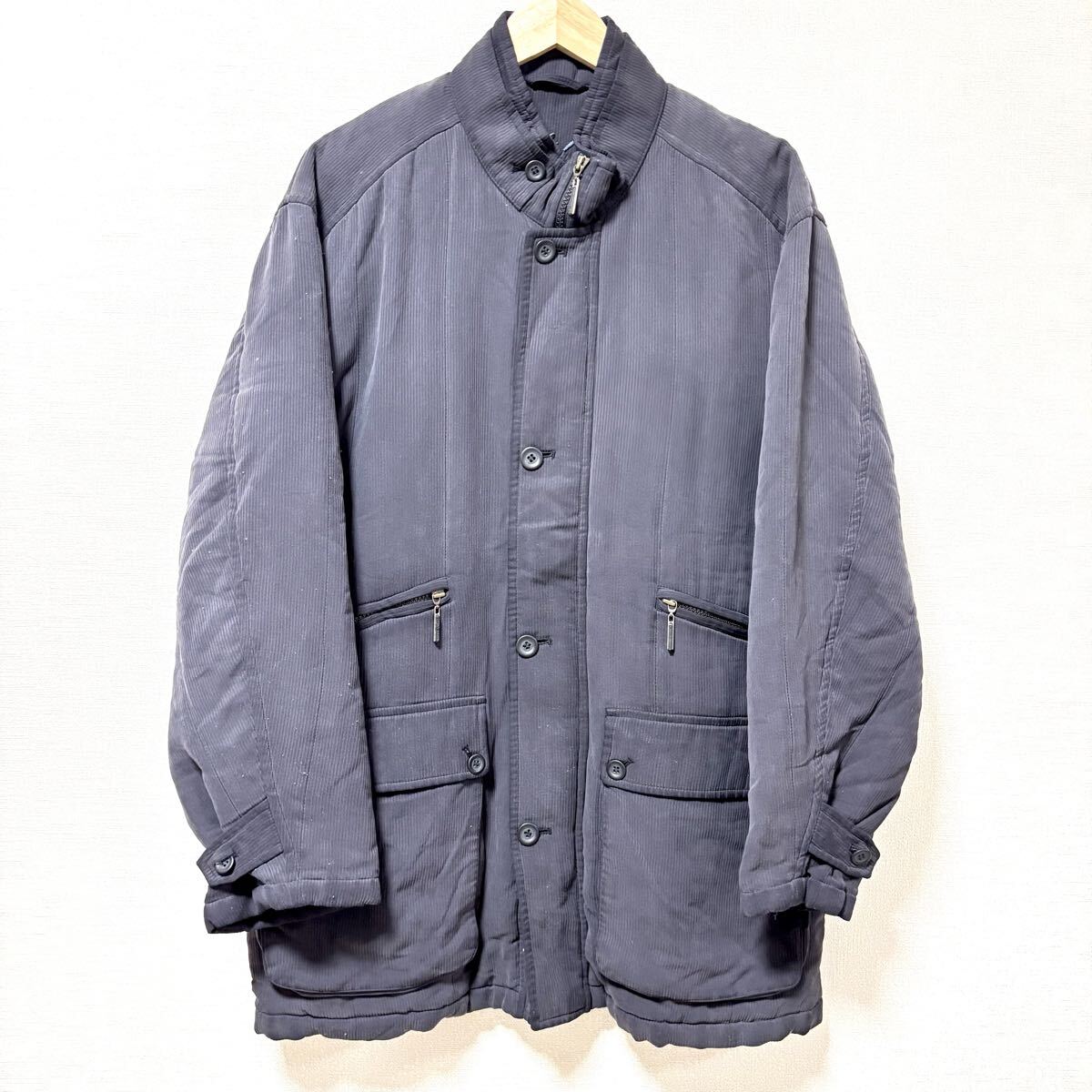 断熱効果◎シルク100%!【CROSSHAVEN】クロスヘイヴン 中綿 ジャケット ロゴ 刺繍 防寒 ミドル丈 アウター ネイビー 紺 メンズ M /Y36749SS拍卖