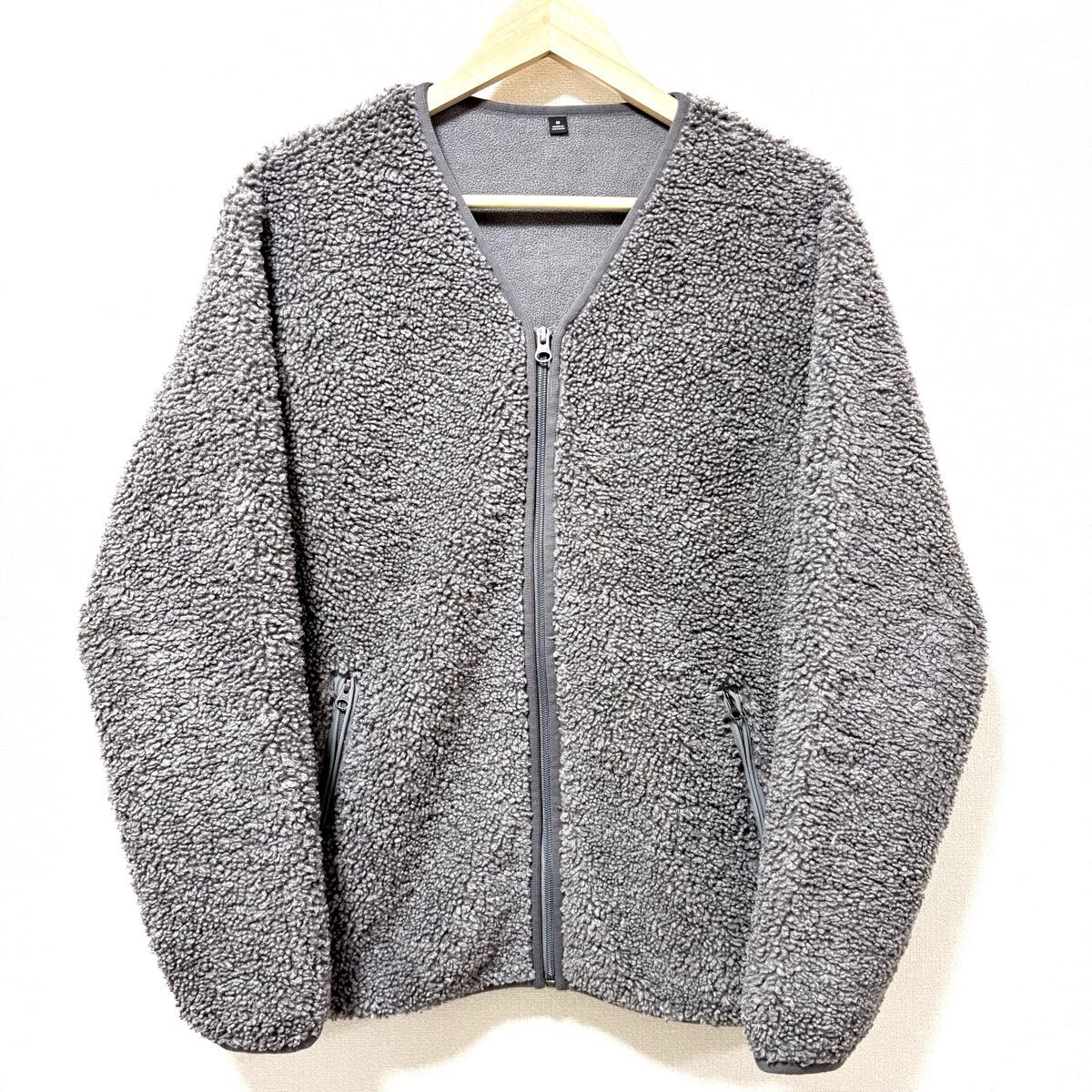 状態良好◎すっきりVネック!【UNIQLO】ユニクロ シープ調 ボア フリース ジャケット ブルゾン アウター もこもこ 防寒 グレー M /Y36783SS拍卖