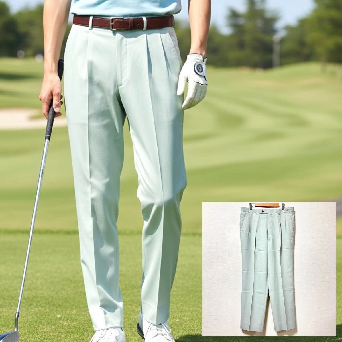 日本製◎上質ゴルフウェア!【St.Andrews】セントアンドリュース スラックス パンツ 2 タック ロゴ グリーン メンズ ウエスト88 /Y36870SS拍卖