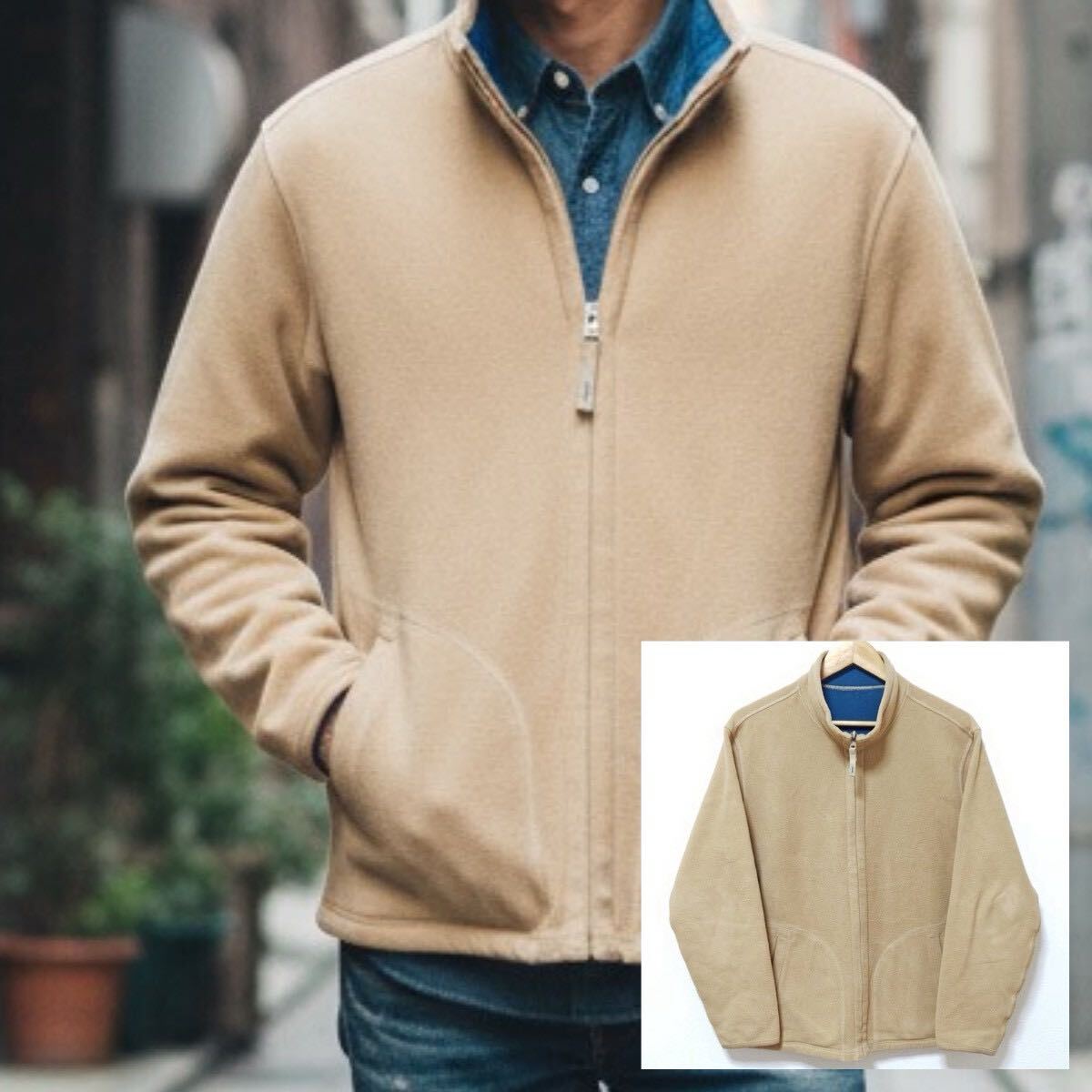 2way◎【UNIQLO】ユニクロ リバーシブルフリース ブルゾン アウター アウトドア タウン メンズ ベージュ系 ブルー系 サイズL/Y37038jF拍卖