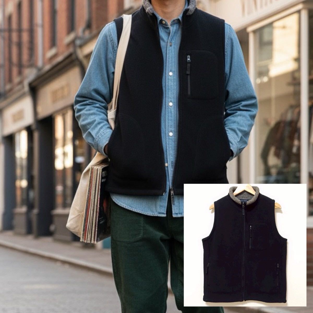防寒とおしゃれを両立!【hill crop design】ヒルクロップデザイン ベスト ジレ フリース 裏ボア タウン メンズ ブラック サイズM/Y37039jF拍卖