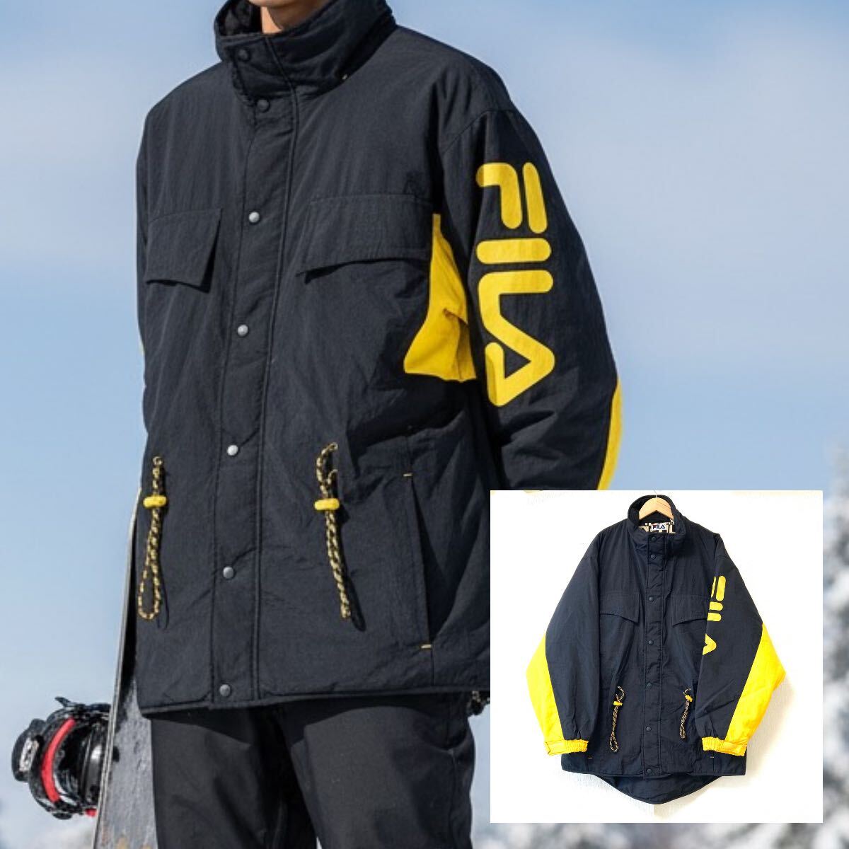 ウインタースポーツに!【FILA】フィラ ナイロン100% スノーウェア スキー ジャケット スノボ 中綿 ブラック×イエロー メンズ L/Y37312UU拍卖