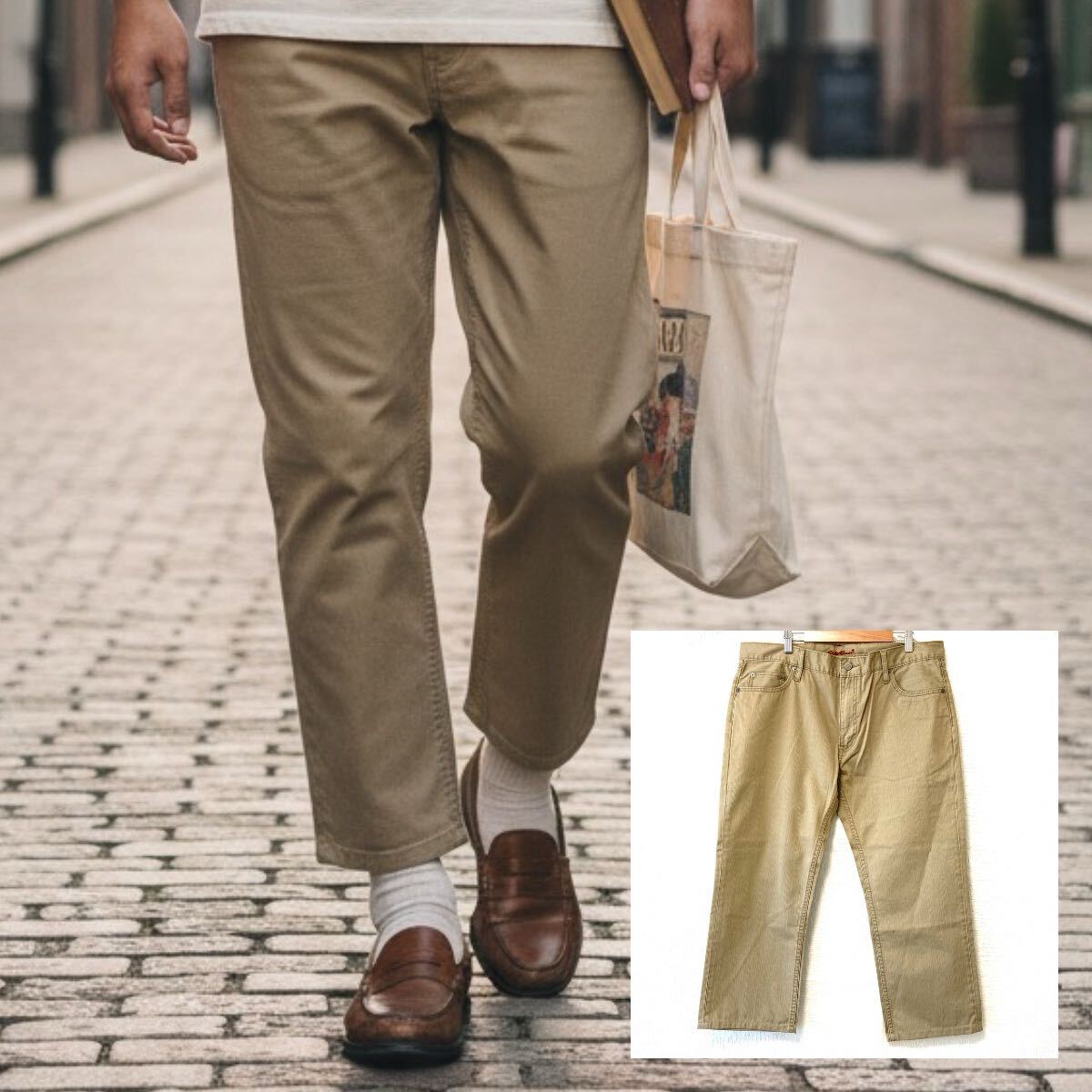 状態良好◎ 爽やかなアンクル丈【Eddie Bauer】エディーバウアー 牛革 デニム パンツ 無地 ジーンズ ベージュ メンズ W35/Y37320UU拍卖